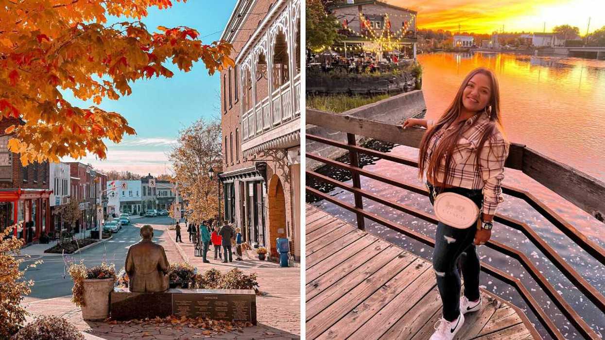 A main street during the fall. Right: A person standing by a river at sunset.