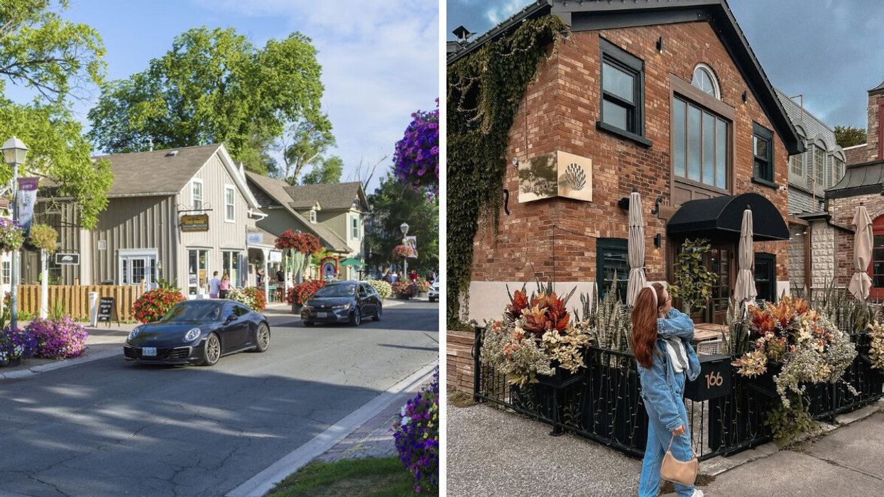 A main street in a town. Right: A person standing outside a restaurant.