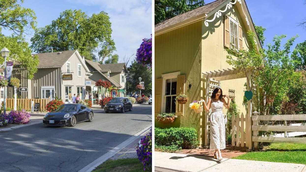 A main street. Right: A person standing by a yellow building.