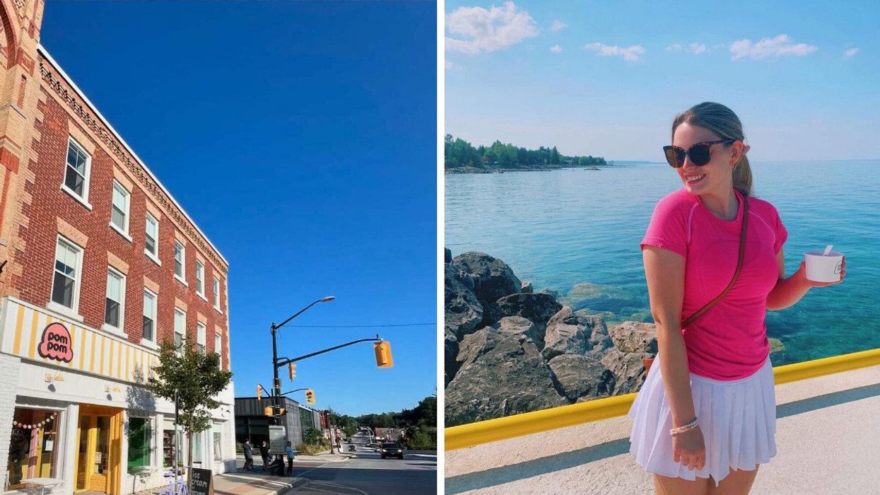 A main street. Right: A person standing by blue water.