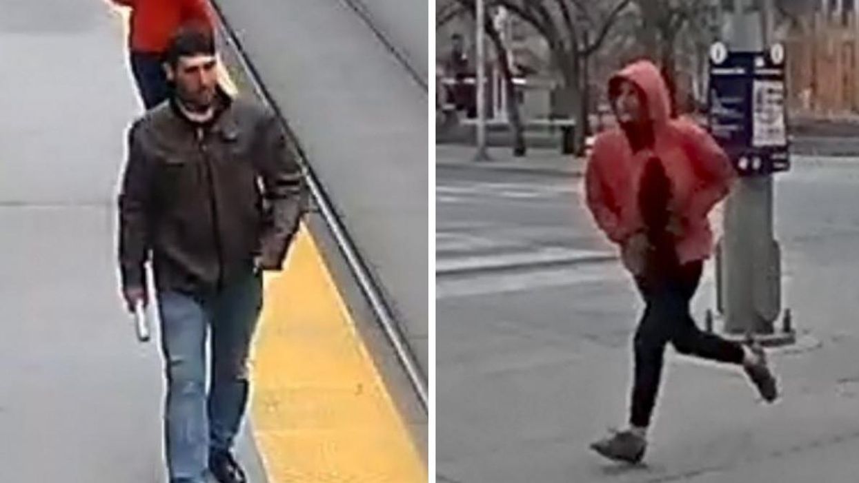 A male suspect wearing a brown jacket and blue jeans. Right: A female suspect wearing black bottoms and a red hoodie.