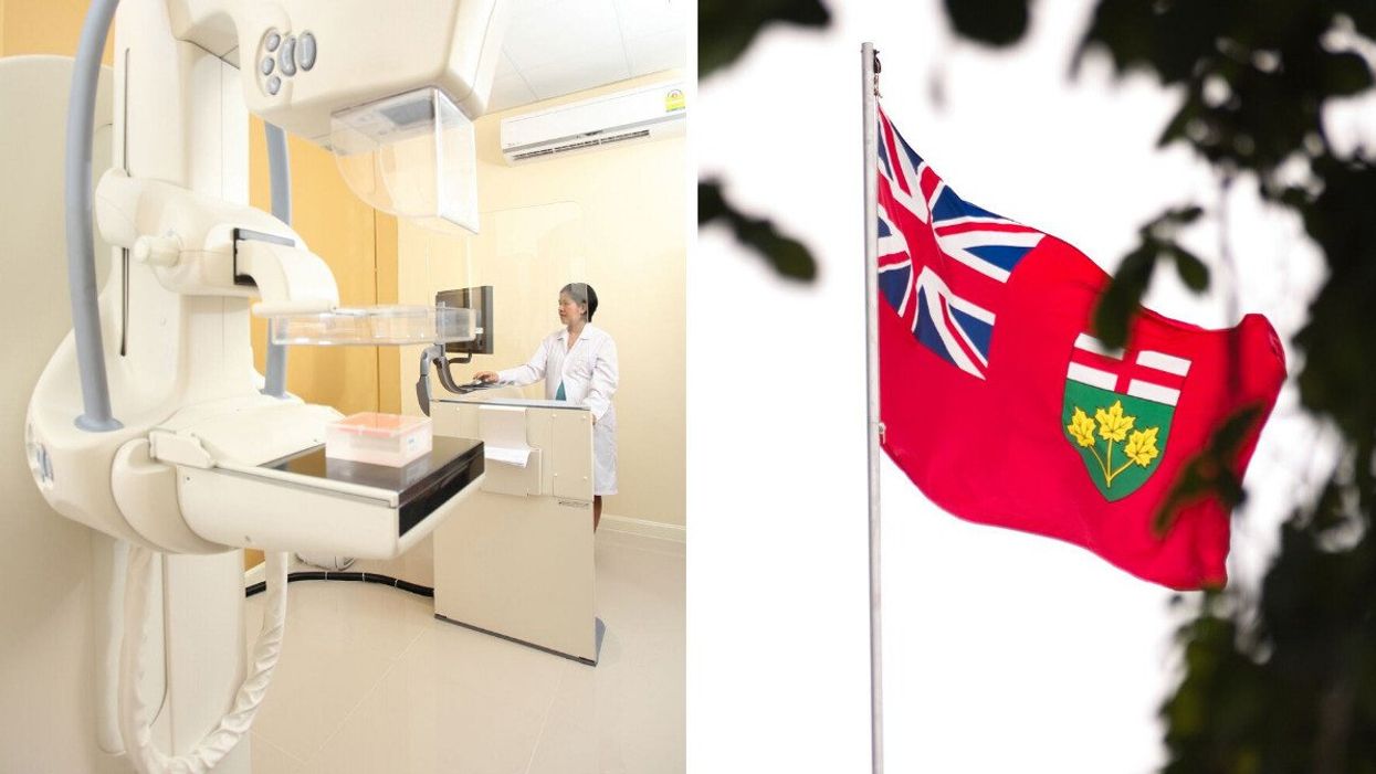 A mammography machine in a doctor's office. Right: The Ontario flag. (both illustrative)