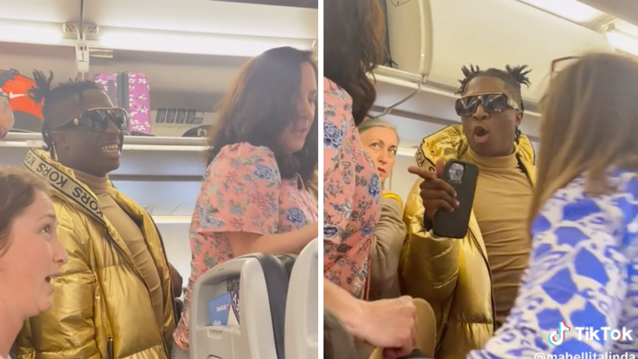 A man about to shove a woman on a flight. Right: The man screaming at a person on the flight.