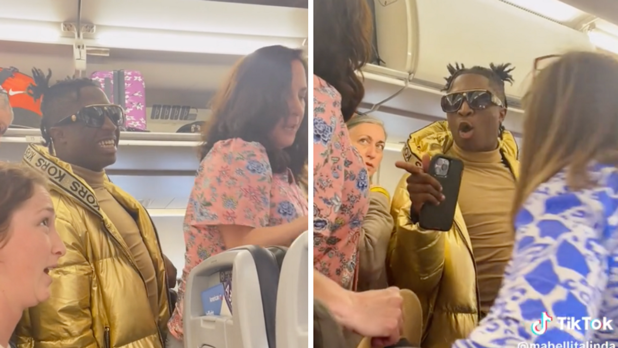 A man about to shove a woman on a flight. Right: The man screaming at a person on the flight.