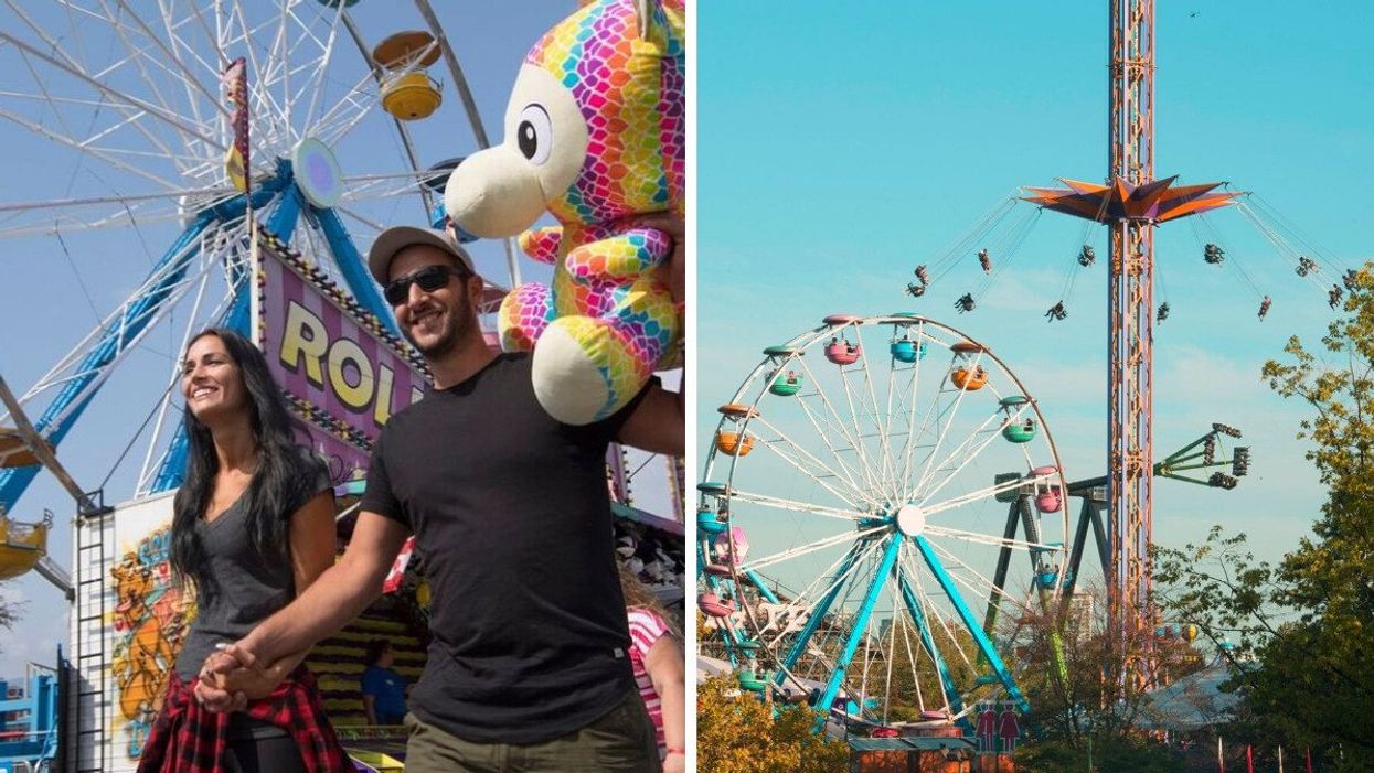 A man and woman holding hands and the man has a multi-coloured stuffed animal on his shoulder. Right: Two rides at an amusement park.