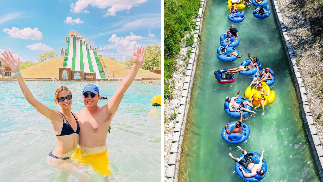 A man and woman in front of the waterslides at Waco Surf. Right: An overview of people floating the lazy river at Waco Surf.