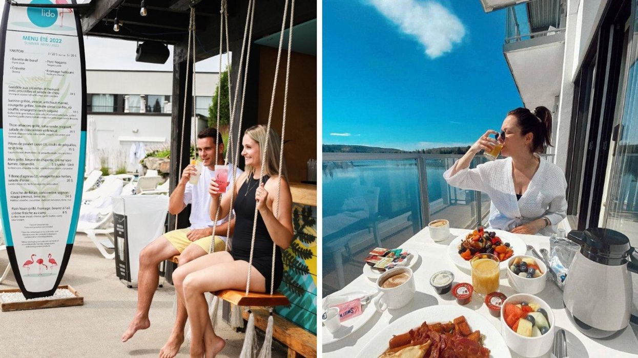 A man and woman in swimsuits enjoy colourful drinks while sitting on rope swings next to a poolside bar. Right: A woman enjoys breakfast on a balcony overlooking Lake Dupuis.