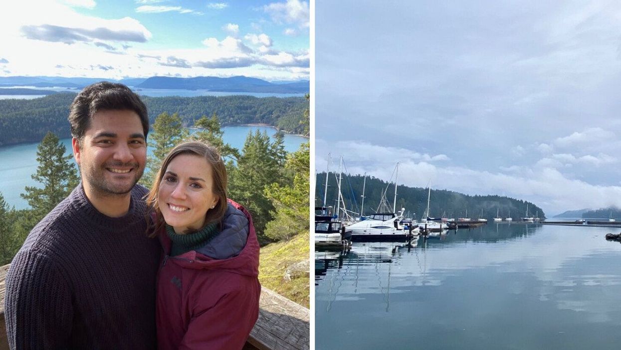 A man and woman smiling for a photo with trees and the ocean behind them. Right: Boats sitting on the water.