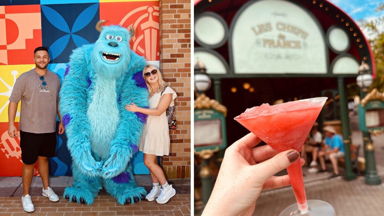 A man and woman smiling while posing with Sulley in front of a colourful backdrop at Disney World. Right: A close-up of a frozen red cocktail held in front of the "Les Chefs de France" restaurant at EPCOT.