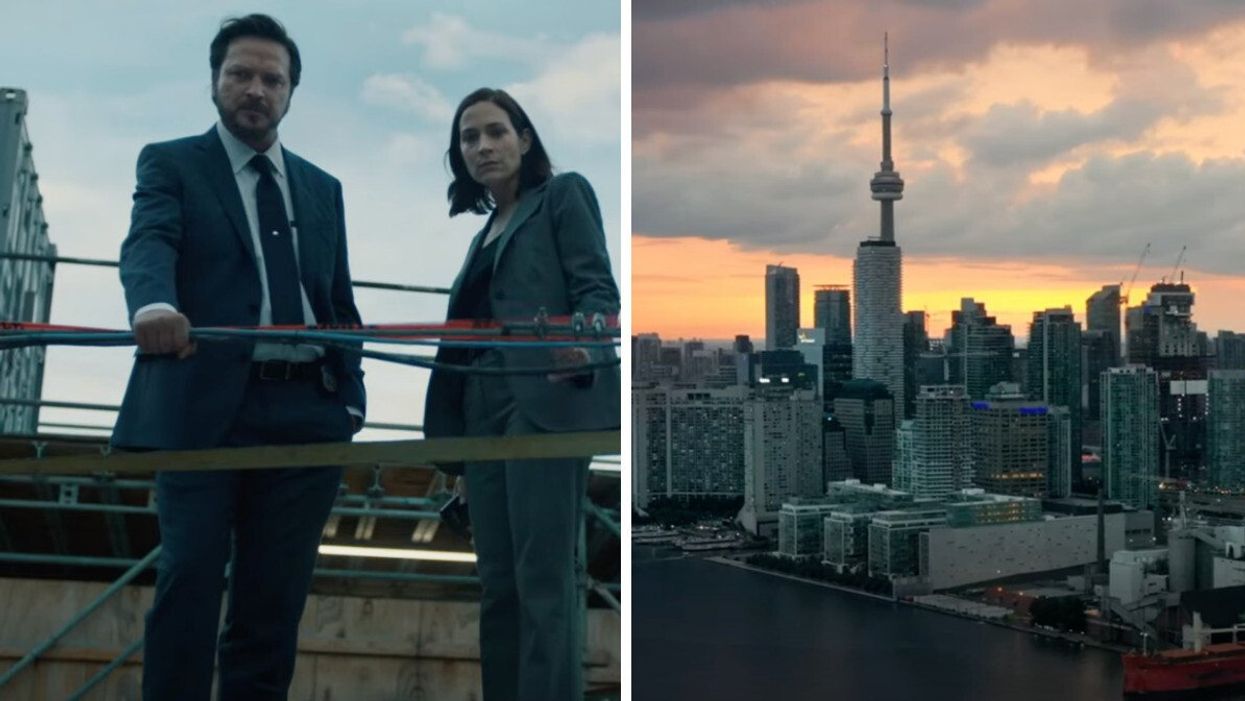 A man and woman standing on the roof of a building in a TV show trailer. Right: Toronto's skyline.