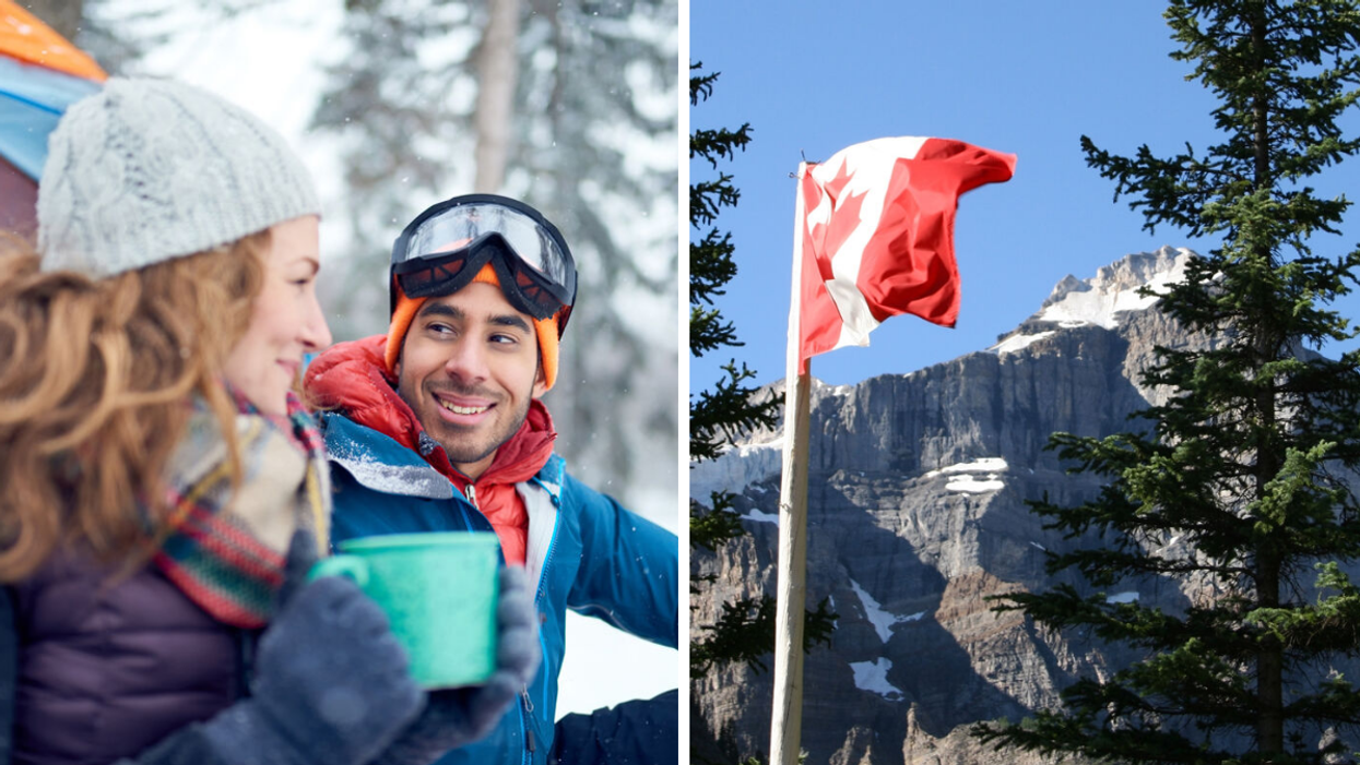 A man and woman talking with a snowy backdrop. Right: The Canadian flag.