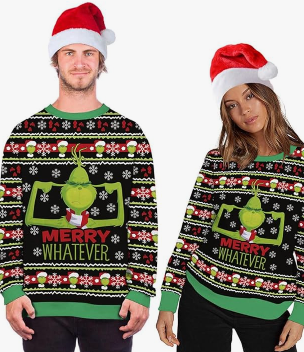 A man and woman wearing Christmas sweaters with the Grinch on it and text that says "Merry Whatever."