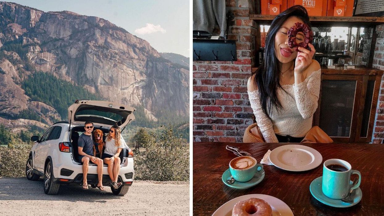 A man and woman with a dog in the middle sitting in the trunk of a car with the mountains behind them. Right: A woman looking through the hole of a donut and sticking out her tongue with coffee cups on the table in front of her.