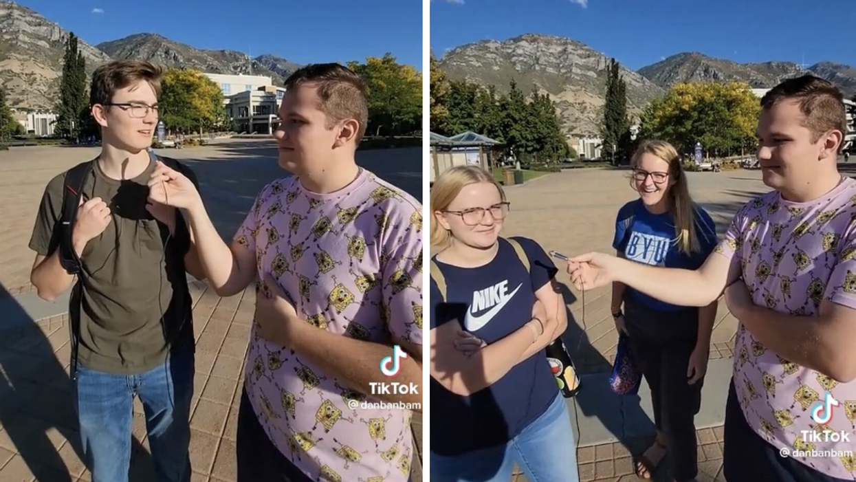A man answering Daniel Spencer's question. Right: Two women featured in Spencer's TikTok video.