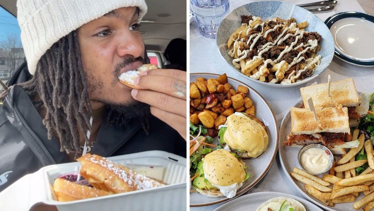 A man biting into a waffle while holding up a food container. Right: Plates filled with food at a Toronto restaurant.