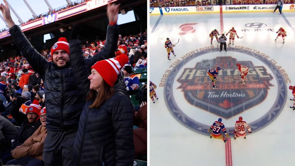 A man cheers with his arms in the air among a crowd of fans at an ice hockey game. Right: Two hockey teams face off on a logo on ice depicting the 2023 Tim Hortons NHL Heritage Classic logo.