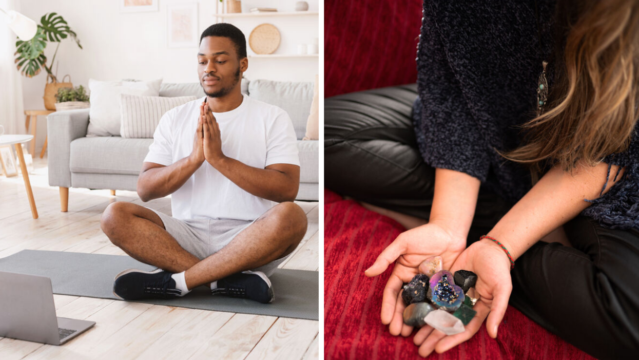 A man doing Yoga in front of a laptop. Right: A person holding crystals.