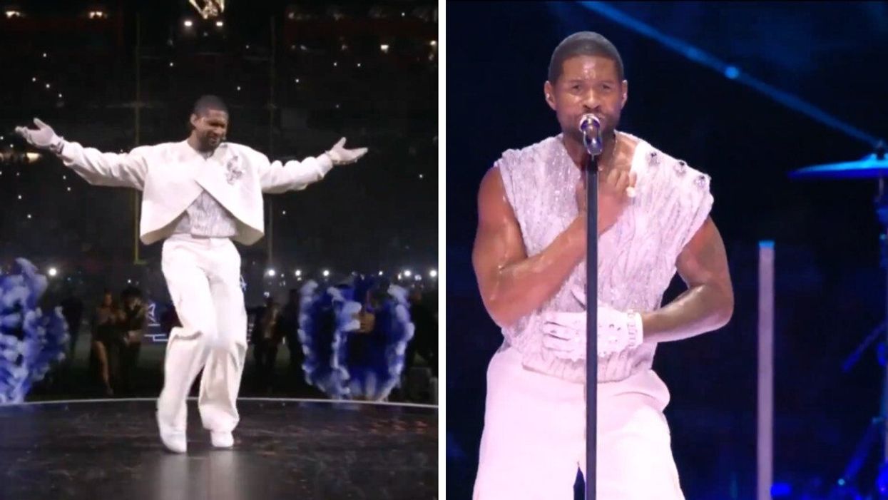 A man dressed in white performing on stage. Right: A man dressed in white singing into a microphone.