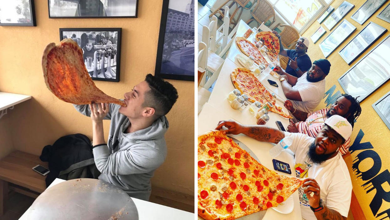 A man eating a large slice of pizza. Right: Four men with a large slice of pizza in front of them.