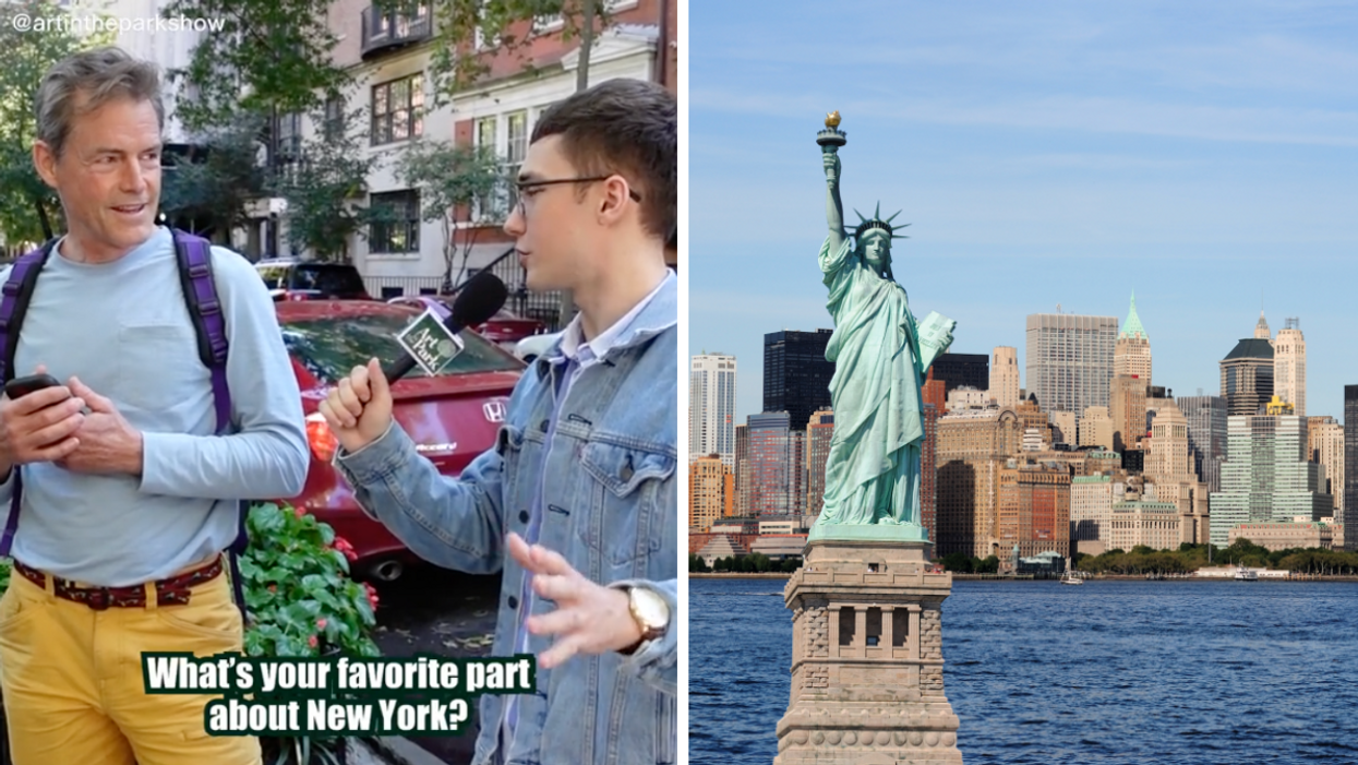 A man getting interviewed about New York. Right: The Statue Of Liberty.