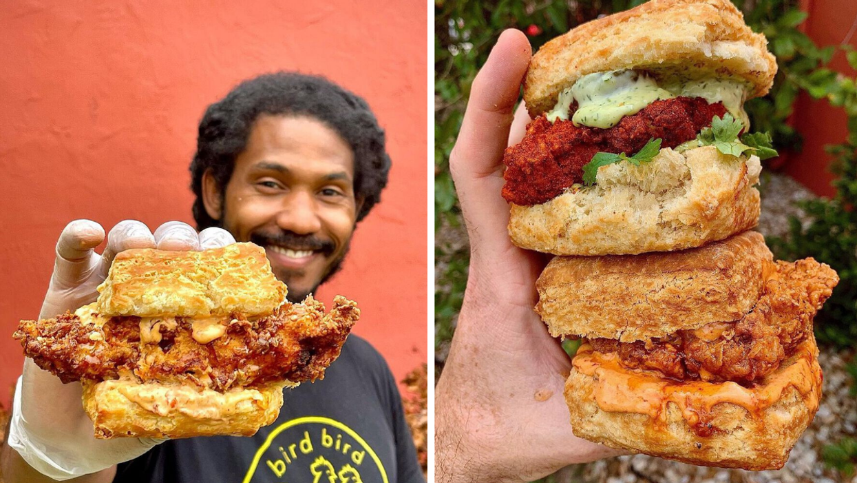 A man holding a chicken sandwich from Bird Bird Biscuit. Right: The Firebird and Queen Beak from Bird Bird Chicken.