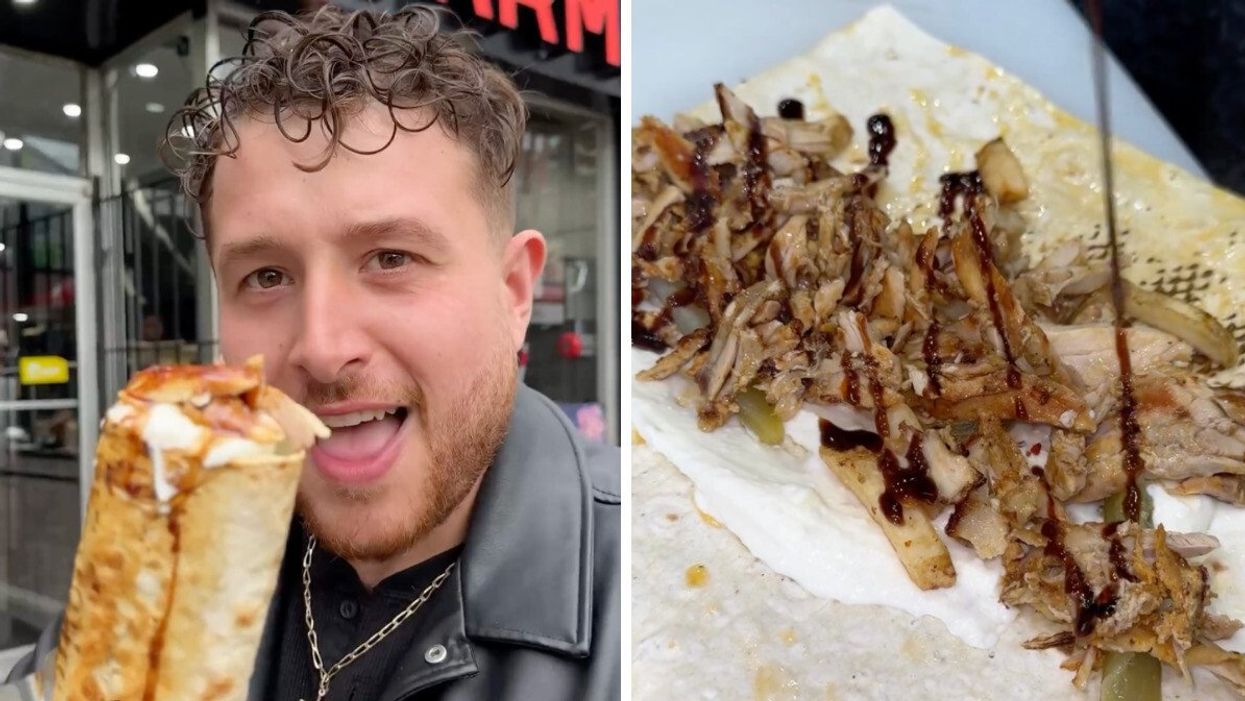 A man holding a chicken shawarma outside a Toronto restaurant. Right: A open shawarma wrap with chicken and molasses sauce.
