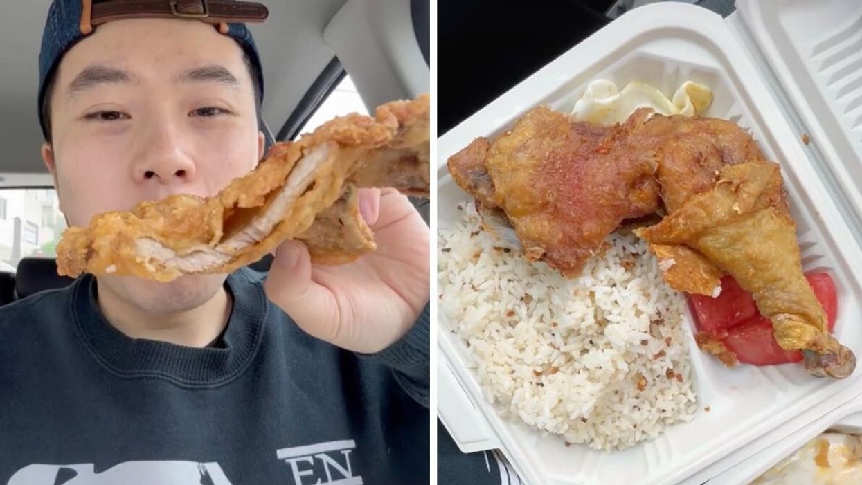 A man holding a piece of breaded and fried chicken. Right: The chicken and a side of rice in a takeout container.