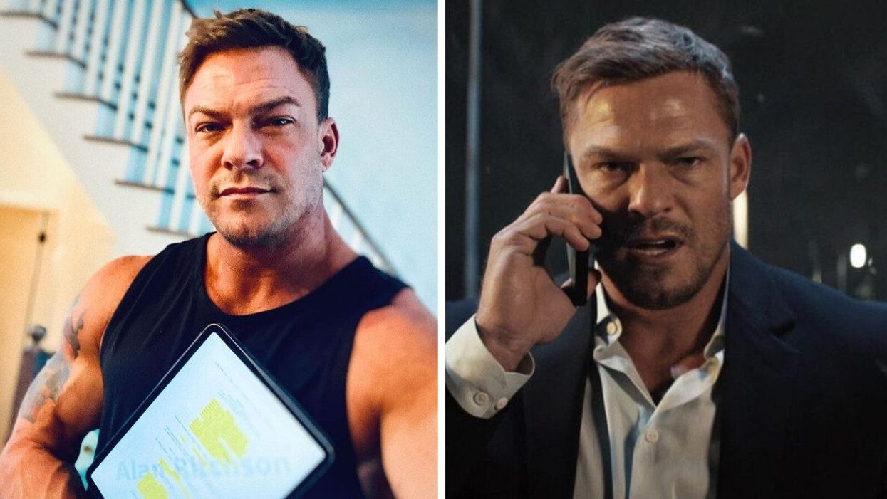 A man holding a script on an iPad. Right: A man in a suit on a cellphone.