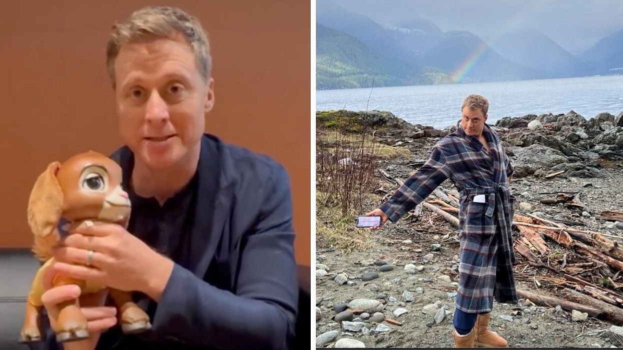 A man holding a toy goat. Right: A man in a bath robe standing on a rocky shore with a lake, mountains and a rainbow in the background.