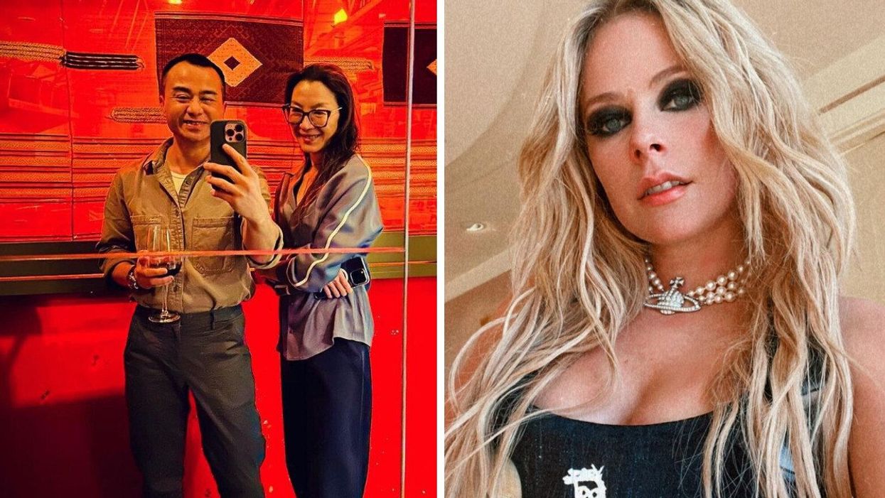 A man holding a wine glass taking a selfie in a mirror and actress Michelle Yeoh standing next to him. Right: Avril Lavigne taking a selfie.