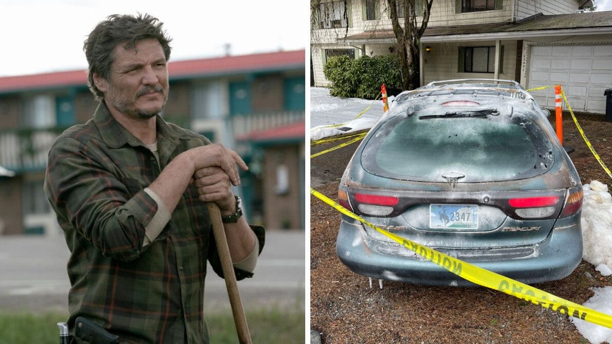 A man holding a wooden pole. Right: A car covered with a white substance with yellow caution tape around it.