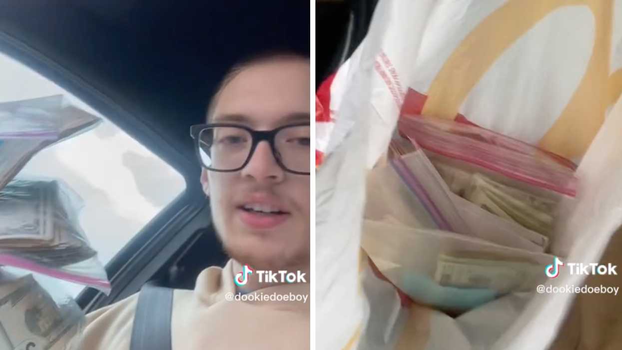 A man holding bags of money. Right: A McDonald's bag full of money.