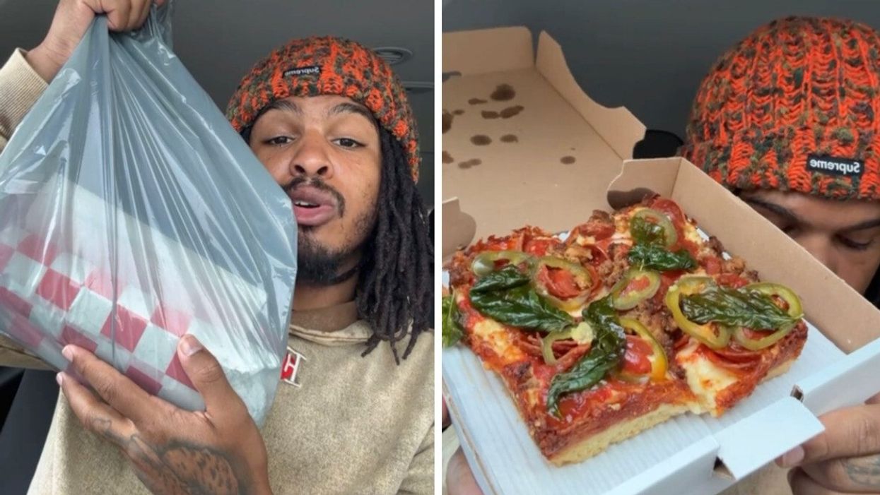 A man holding up a bag with a food inside. Right: A man holding up a box with pizza inside.
