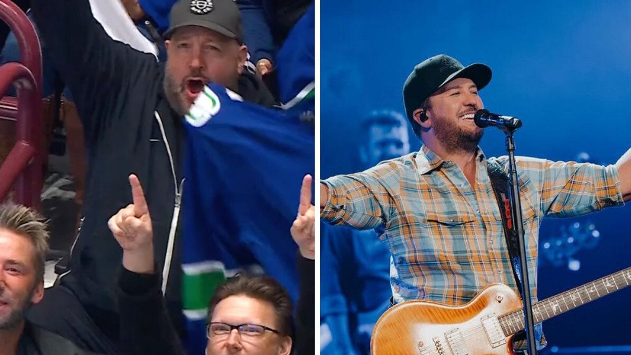 A man holding up a blue jersey and cheering in a video with people in front of him also putting their hands up. Right: A musician in a baseball cap and plaid shirt singing into the microphone with a guitar strapped in front.