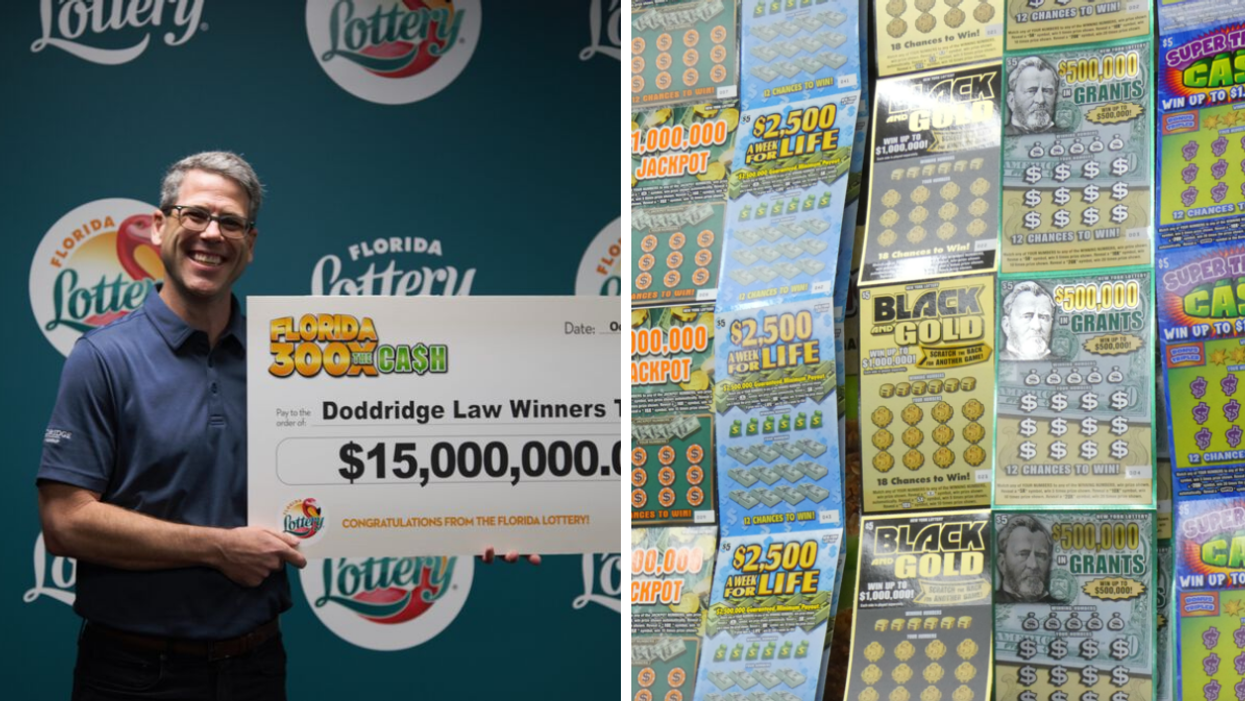 A man holding up a large check. Right: Scratch Offs.