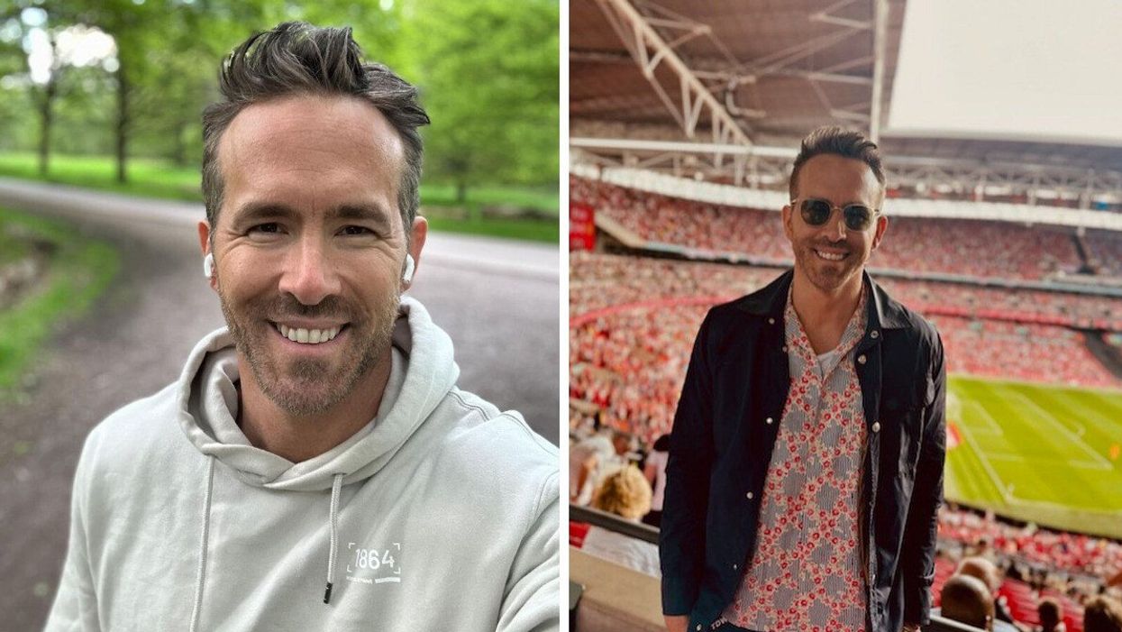 A man in a beige hoodie smiling for a selfie. Right: A man in sunglasses smiling for a photo at a soccer game.