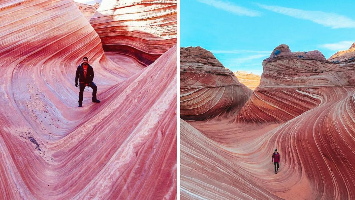 A man in a black jacket stands inside a pink sandstone formation at The Wave. Right: An aerial shot of a person walking through slopes at The Wave. 