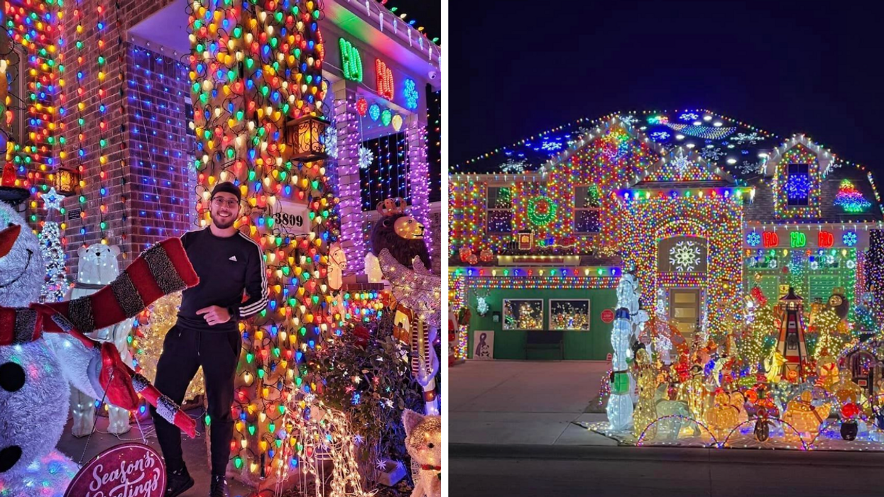 A man in a black sweatsuit in front of the Burkman Holiday Home. Right: The exterior of the Burkman Holiday Home in Frisco, TX.