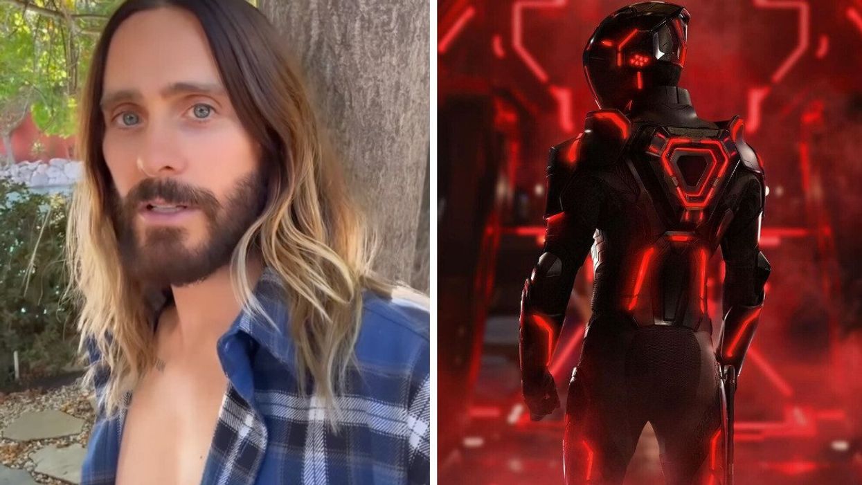 A man in a blue plaid shirt speaking to the camera. Right: A person wearing a black and red Tron costume with red lighting around them.