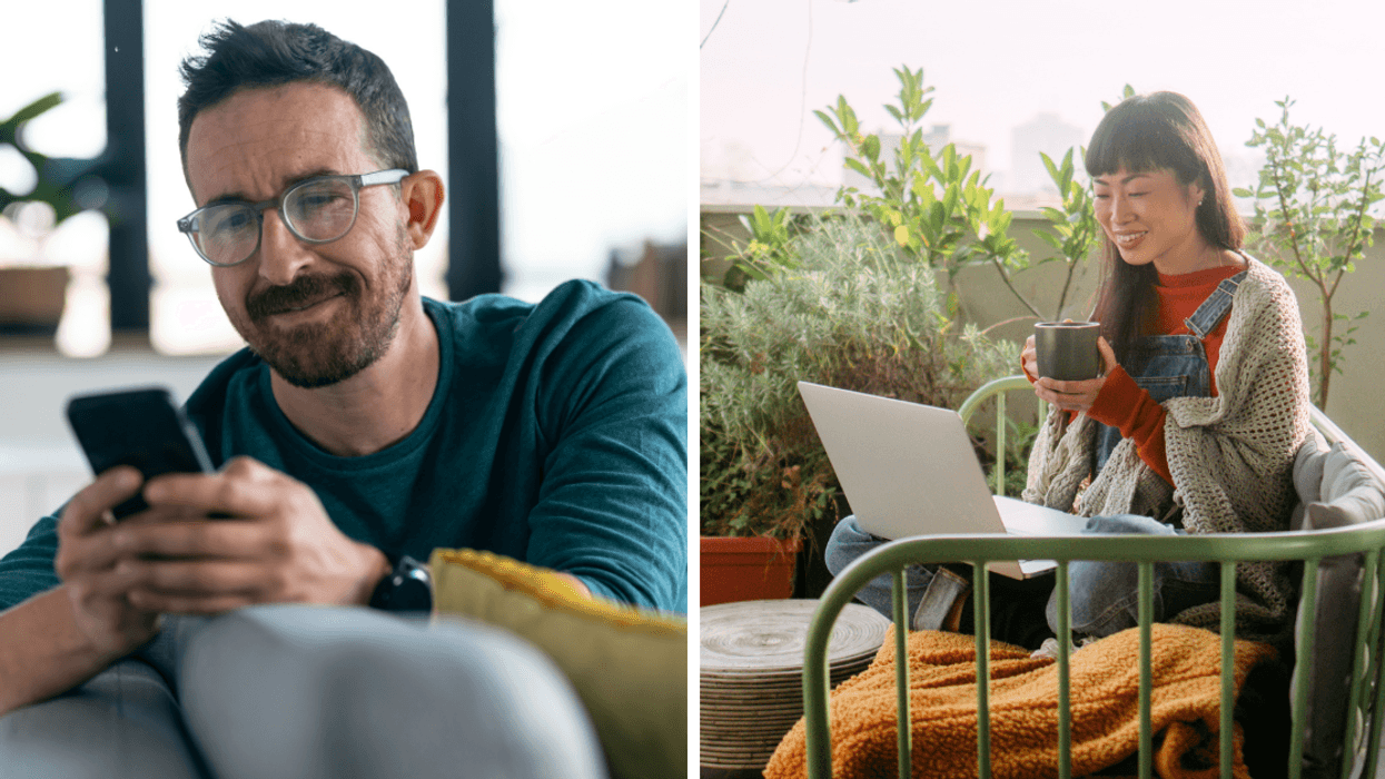 A man in a blue shirt texts on a phone. Right: A woman sitting on a garden bench holding tea looks at a laptop.