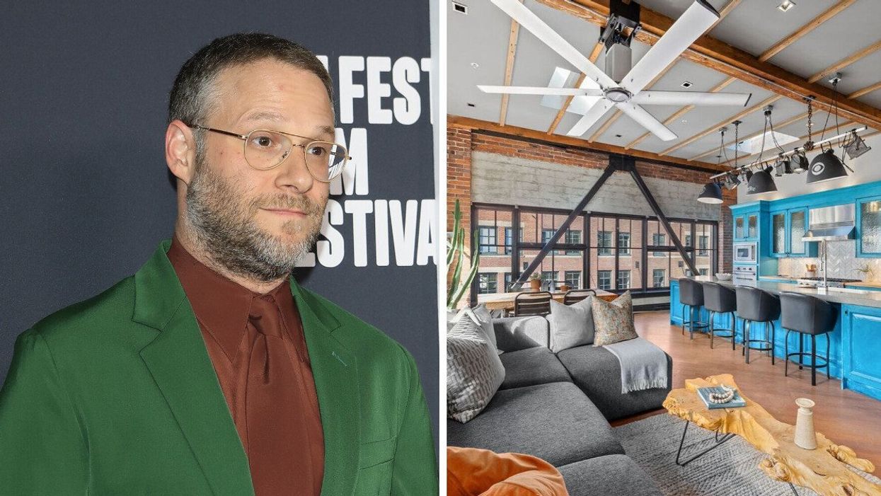 A man in a brown shirt and olive green blazer jacket with glasses smiling off camera. Right: A look inside a penthouse with a blue kitchen and couch.