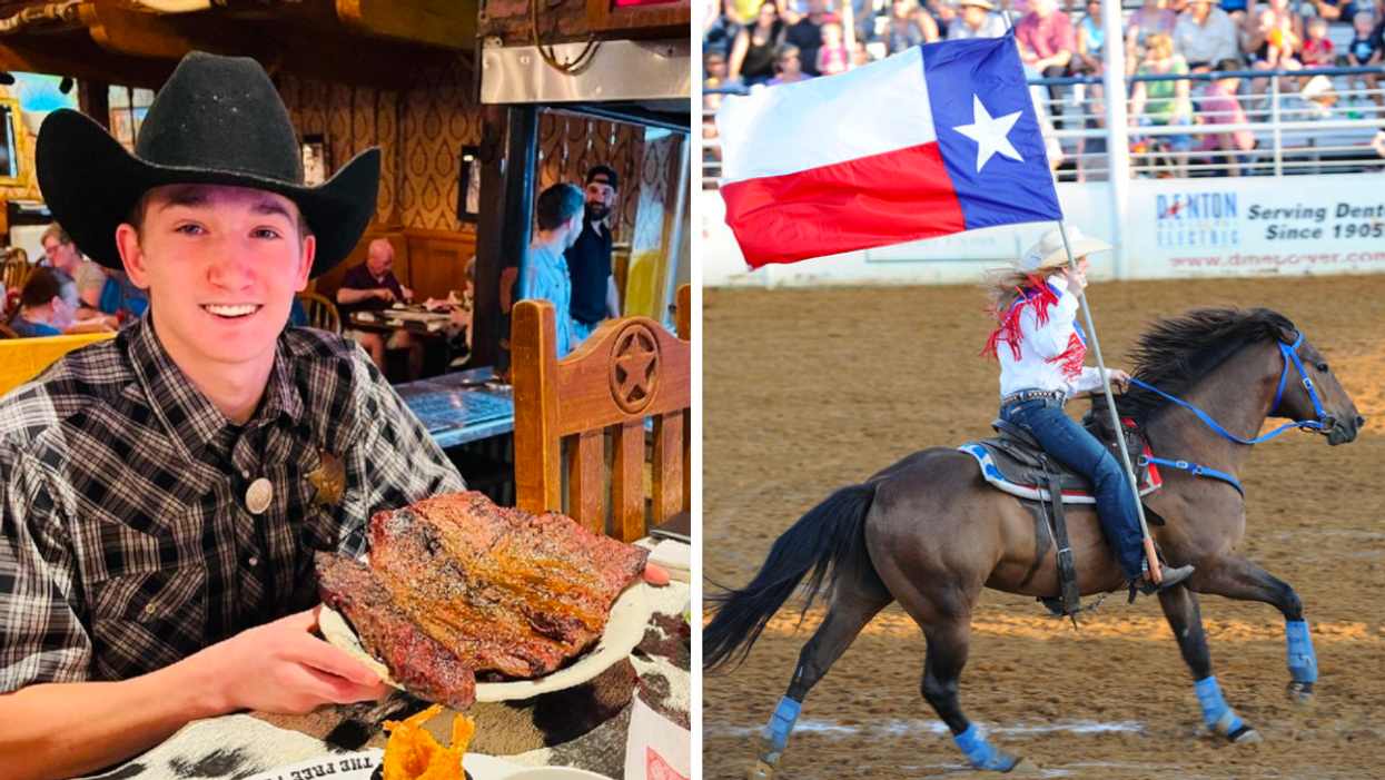 A man in a cowboy hat holding a steak from The Big Texan. Right: A woman holding a Texas flag while riding a horse.