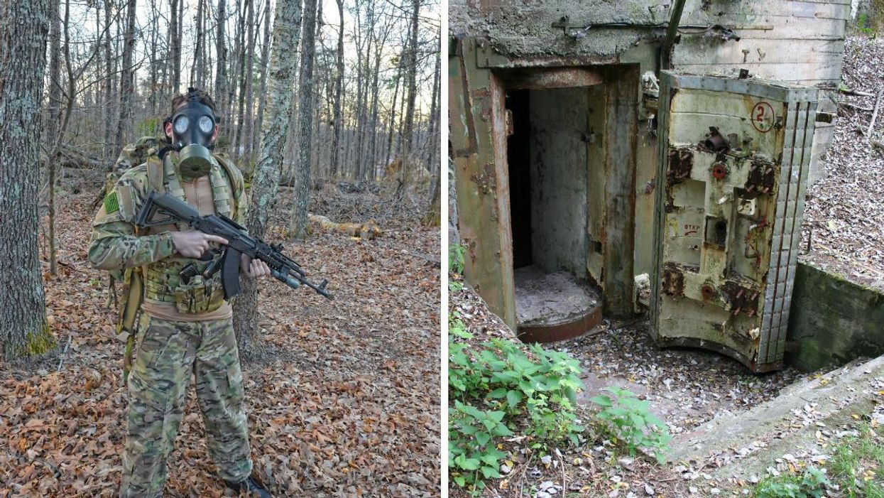 A man in a gas mask and tactical gear in the woods. Right: The entrance to an underground bunker.