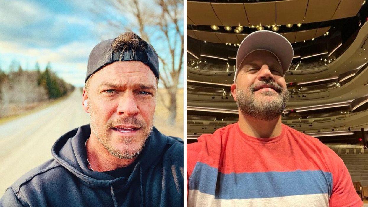 A man in a hoodie and backwards baseball hat taking a selfie. Right: A man in a hat and T-shirt smiling for a photo.