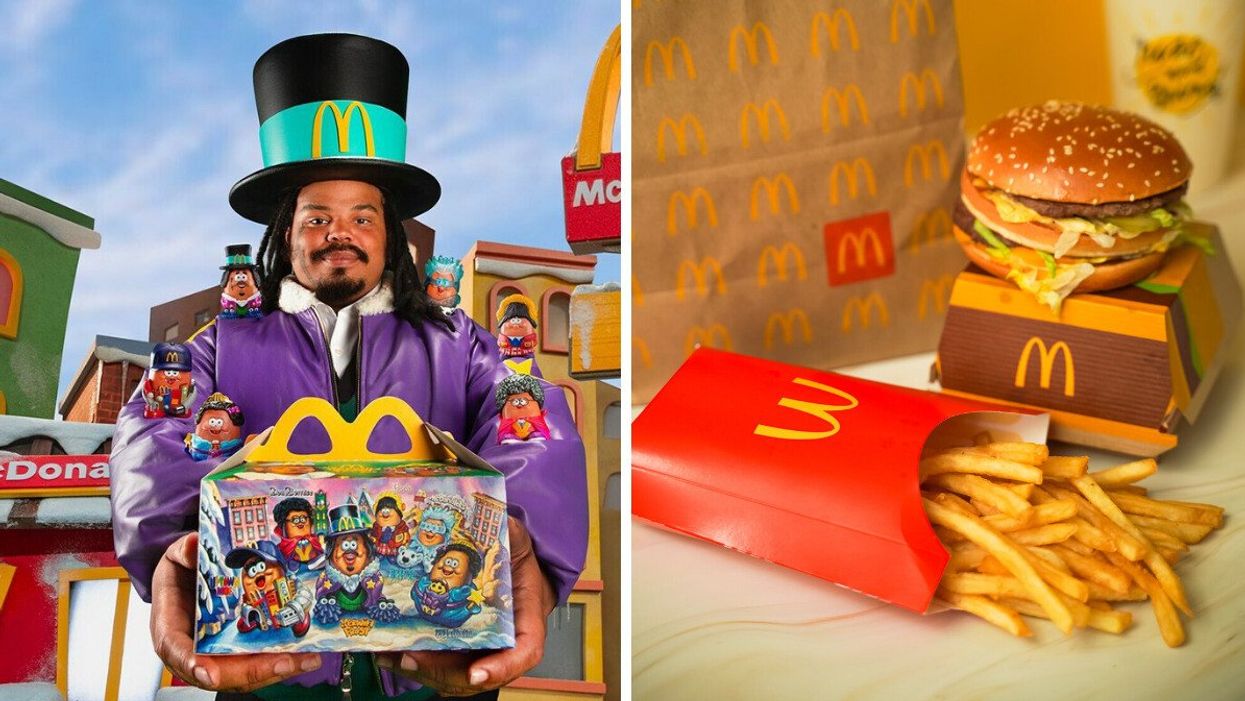 A man in a McDonald's top had and purple coat with a Happy Meal box in his hands and nugget toys on his arms. Right: A McDonald's Big Mac with fries.
