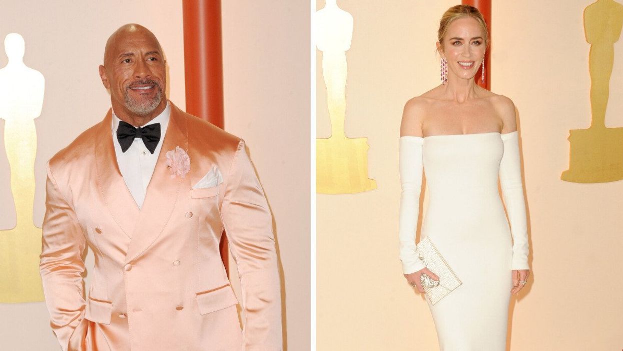 A man in a silk pink tux with a white shirt and black bow tie. Right: A woman in a strapless white gown holding a white clutch smiling for a photo.