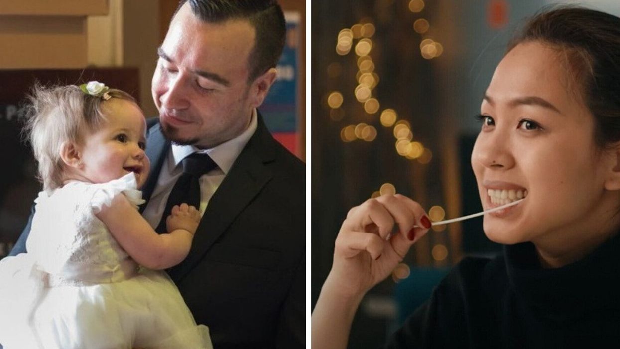 A man in a suit smiles at the young child he's holding. Right: A young woman swabs the inside of her cheek while completely a stem cell registry application.