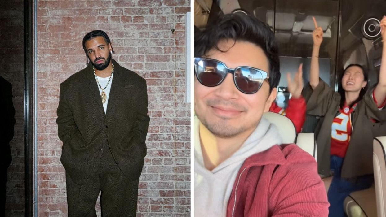A man in a suit standing against a wall posing for a photo. Right: A man with sunglasses taking a selfie with a woman in the background singing.
