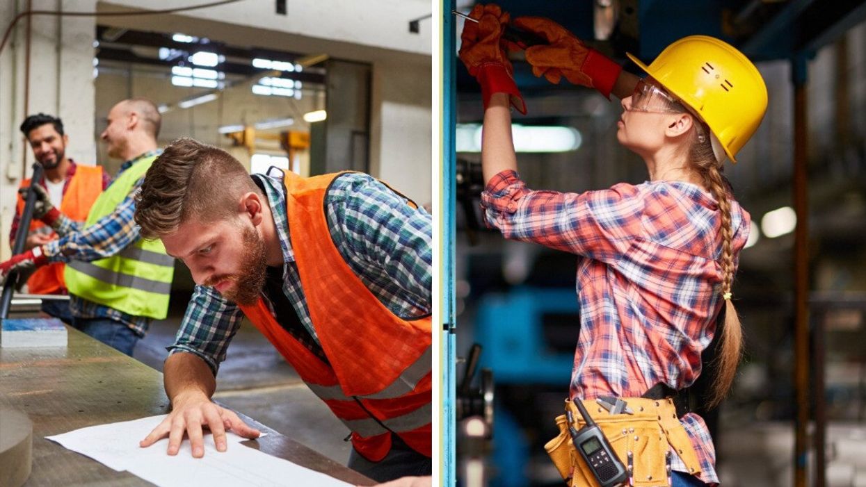A man in construction. Right: A woman in construction.