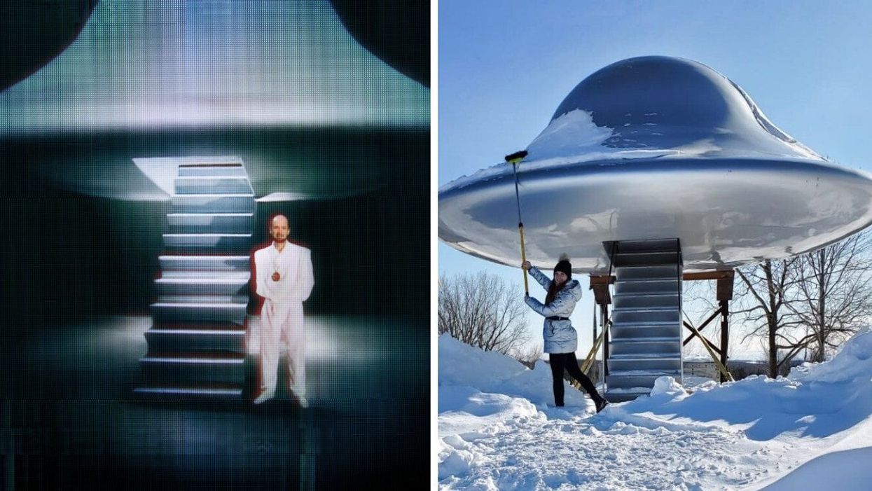 A man in white stands beside the ramp entrance to a flying saucer. Right: A woman brushes snow off a flying saucer outdoors during winter.
